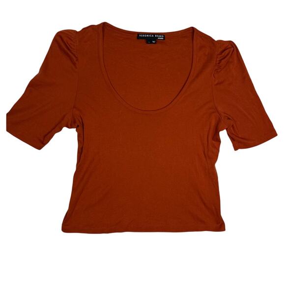 Veronica Beard Scoop Neck Puff Sleeve T Shirt Top Rust Orange Large - Picture 1 of 7